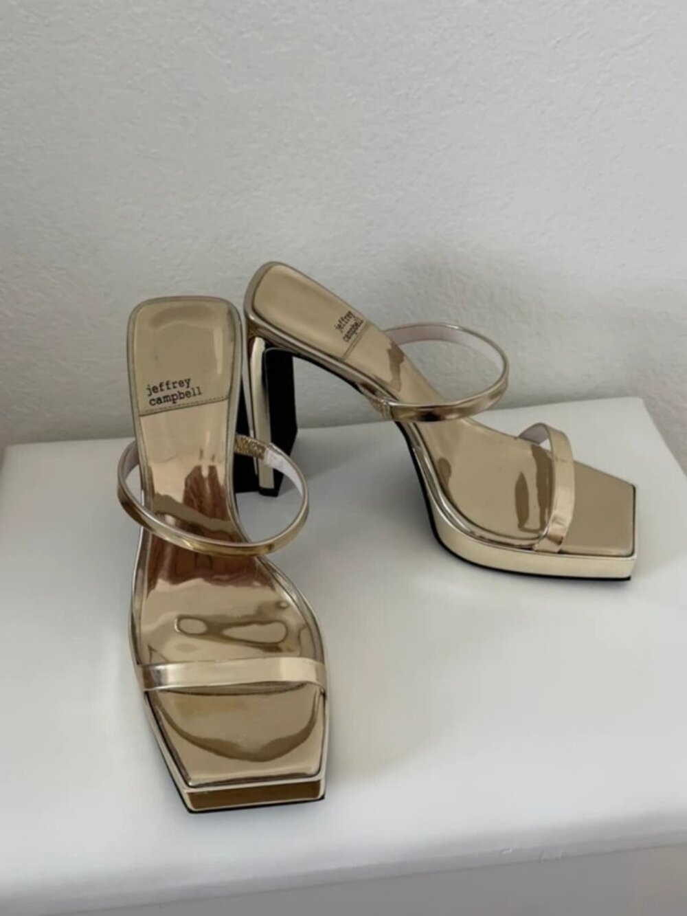 Jeffrey Campbell Metallic Gold Square-Toe High Heel Slides - Picture 2 of 4